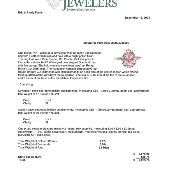 1.17ct Pink Sapphire and Diamond Ring, 14KT white gold. Size 5.5.